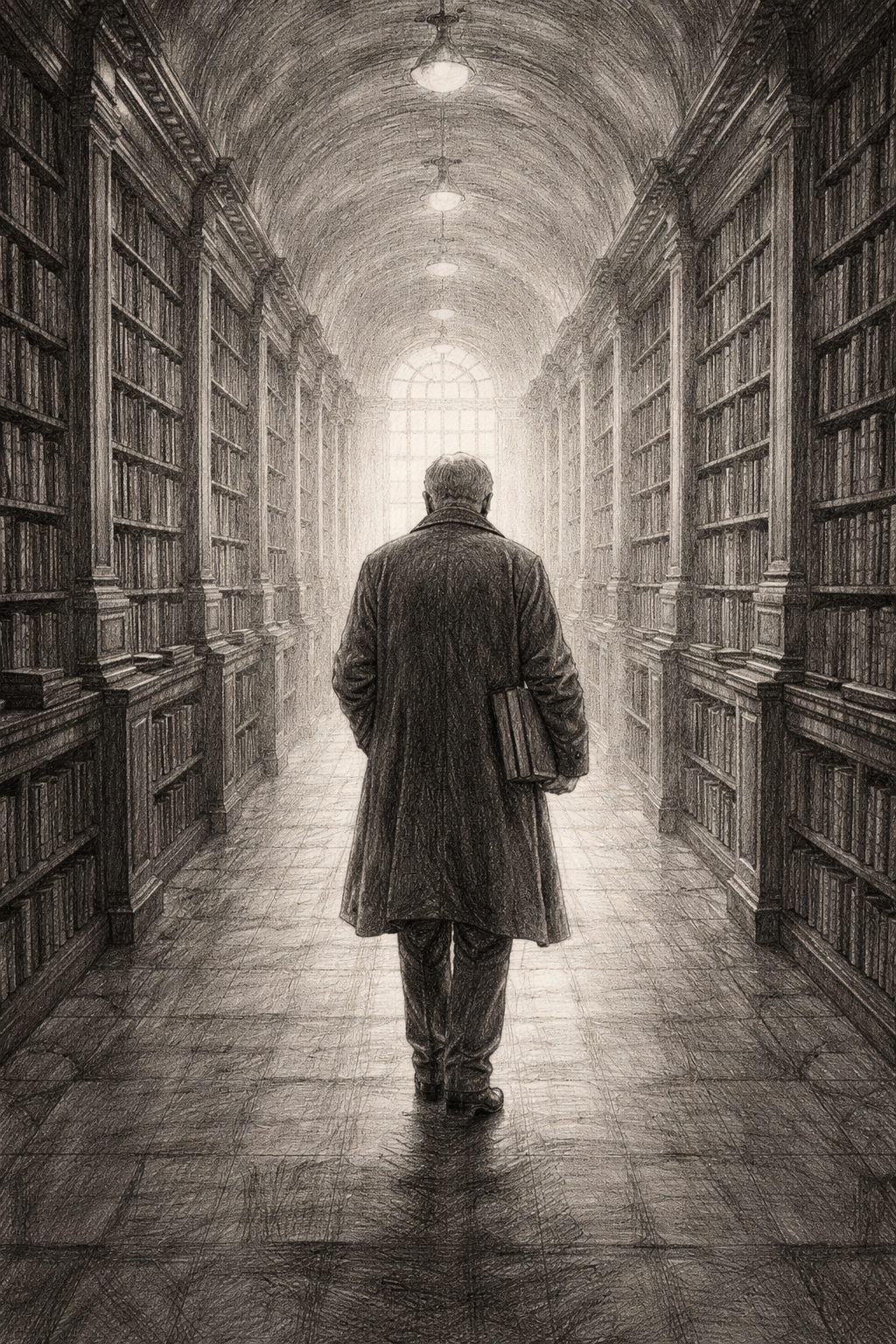 Ein Bibliothekar mit Büchern unter dem Arm geht zwischen hohen Bücherregalen auf ein helles Fenster zu.